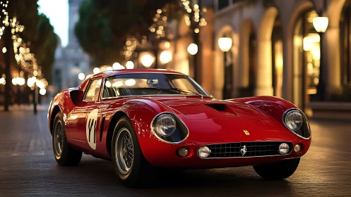 Red vintage race car glows under warm city lights.
