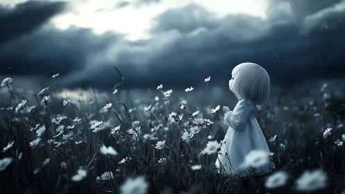 Small childlike figure stands in flower field under clouds