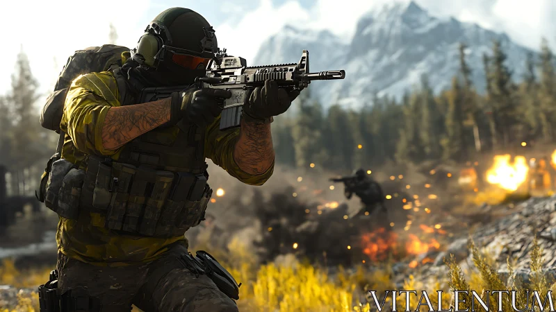 Armed soldier advancing through mountain combat zone.