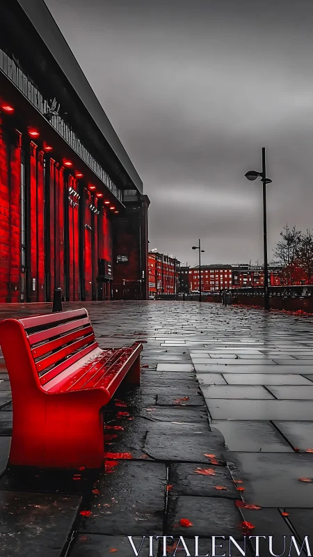 Red bench glows against moody city street in the rain.