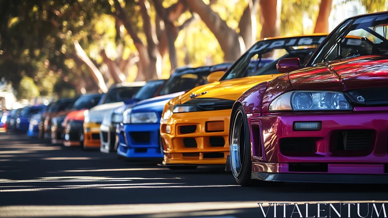 Vibrant tuned sports cars aligned under sunlit trees.