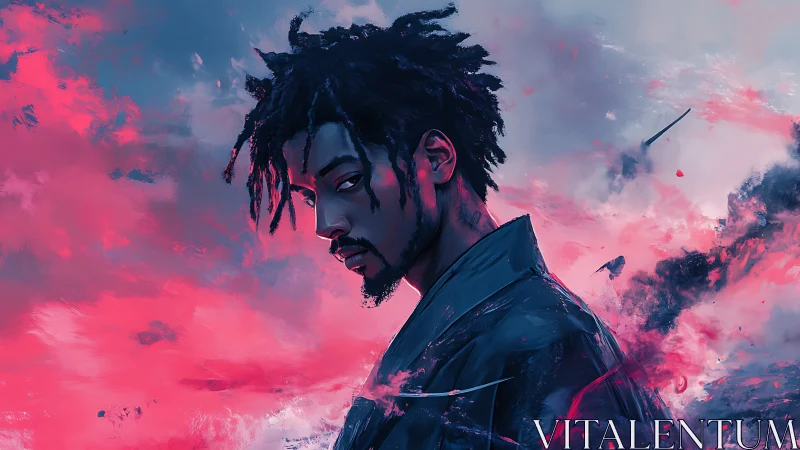 Storm-kissed samurai gazes back through swirling pink mist