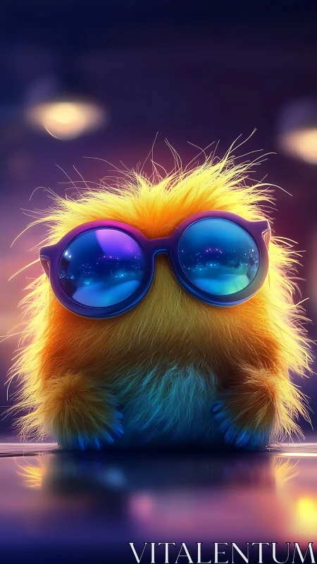Neon-lit fluffy creature in oversized reflective sunglasses.