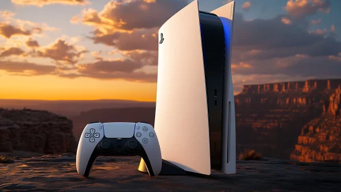 PlayStation 5 console and controller on rocky desert ledge.