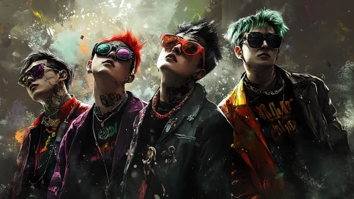 Neon punk band poses under gritty splatter-lit background