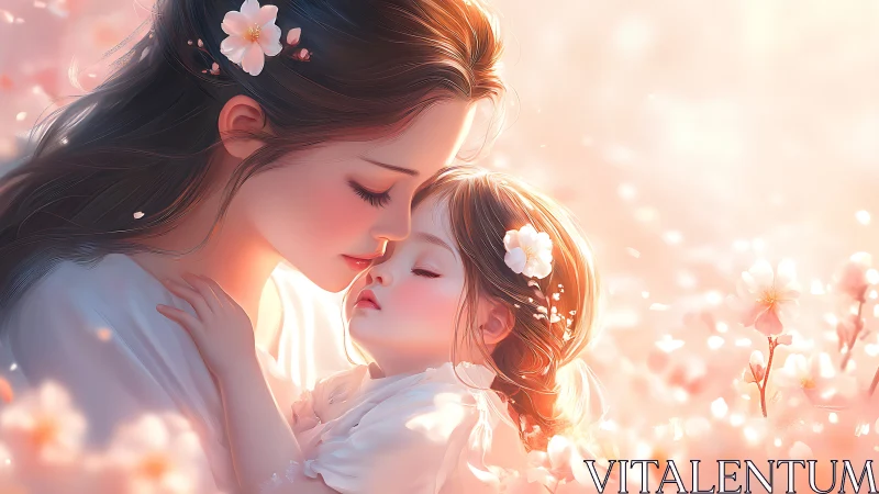 Mother Embraces Sleeping Child in Luminous Flower Field