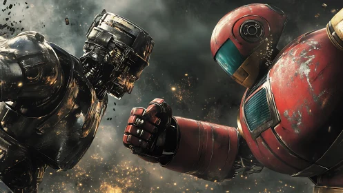 Clashing battle robots locked in a dramatic metallic showdown.