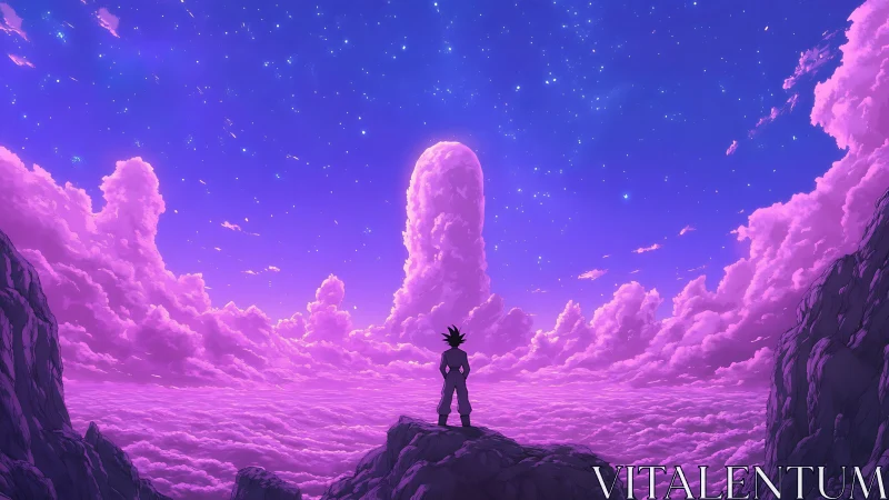 Lone warrior studies towering cloud pillar under violet stars