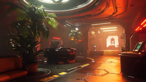Neon jungle lounge in a cozy retro-future starship corridor.