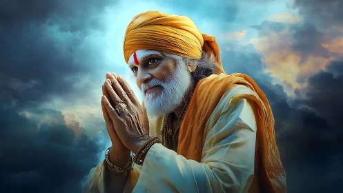 Elderly spiritual guru bows in prayer beneath stormy skies.