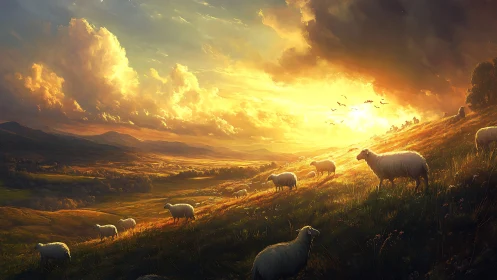 Sheep on sunlit hillside under dense evening cloudscape.