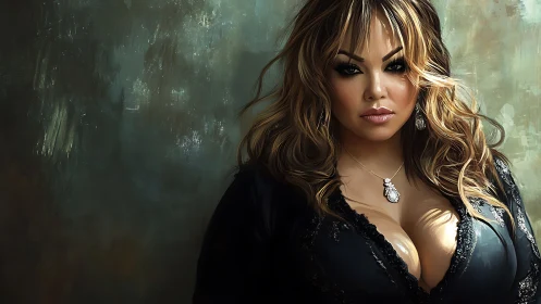 Confident woman in black dress against textured backdrop.