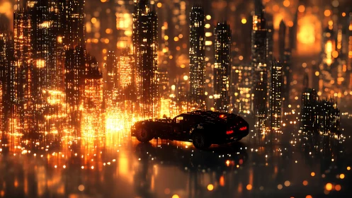 Futuristic sports car cuts through molten neon cityscape glow.