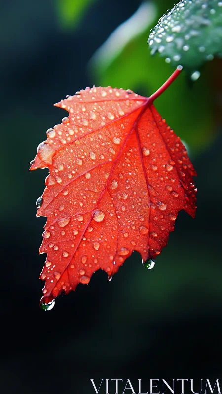 Red maple leaf with rain droplets against dark bokeh.