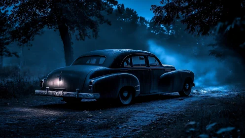 Vintage sedan under cinematic blue nocturnal backlight.