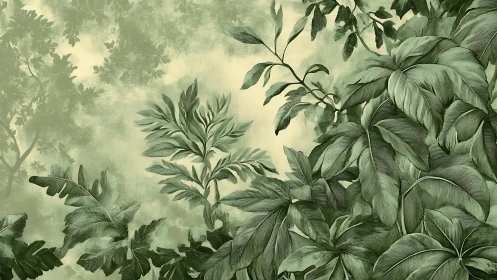 Lush green foliage spreads across a softly faded jungle wall