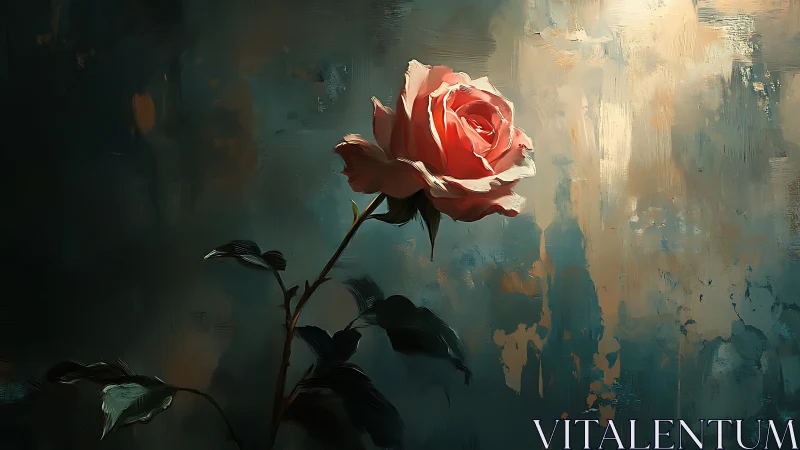 Solitary rose glows against textured teal abstract field.