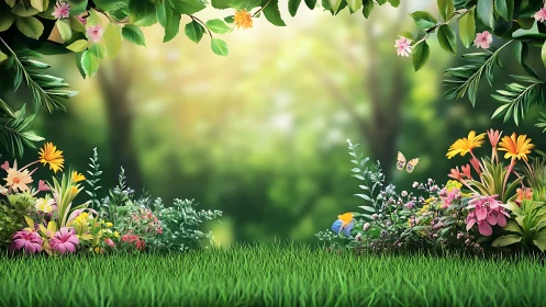 Sunlit garden clearing framed by joyful wild blossoms.