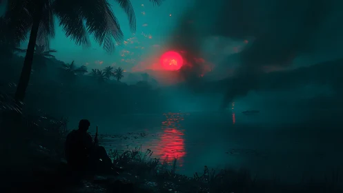 Neon red sunset floods a misty jungle war riverscape