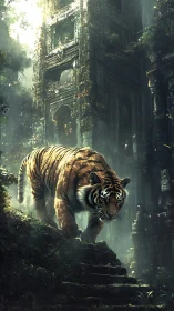 Tiger descending stone steps before ancient jungle ruins.