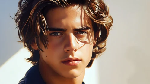 Digital portrait of young man with wavy hair in sunlight.