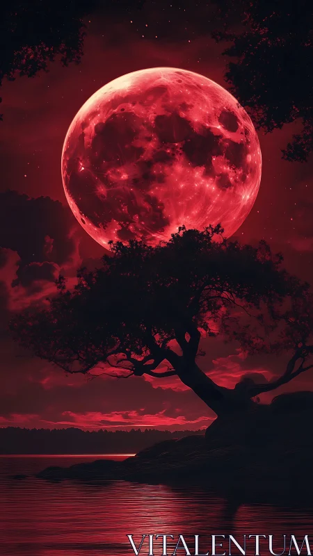 Crimson moonlit shoreline with a quiet, dreaming silhouette tree.