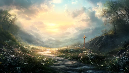 Sunlit mountain path of wildflowers and quiet remembrance.