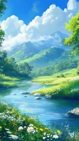 Mountain stream runs through sunlit valley under cloud formations