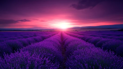 Lavender fields glow under a vivid magenta sunset sky