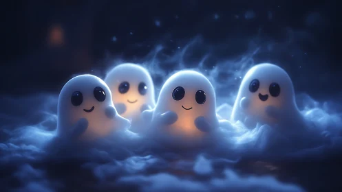 Glowing baby ghosts sharing a cozy midnight cloud party.