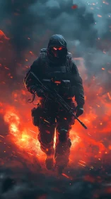 Hooded futuristic soldier striding through blazing embers.