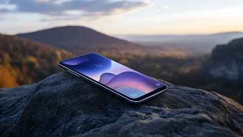Smartphone Display on Rock Overlooking Mountain Landscape.