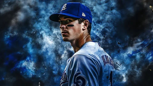 Digital painting portrait of baseball player with dynamic blue backdrop.