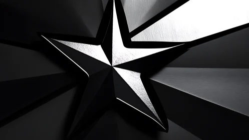 Metallic five-point star in stark black and white relief.