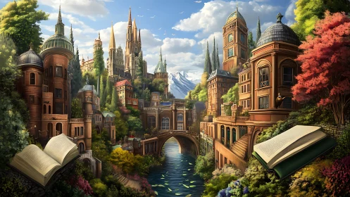 Layered riverside book city integrates neoclassical towers and lush terraces