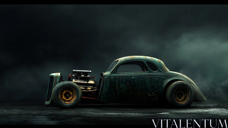 Rustborn hot rod prowls through storm-soaked twilight.