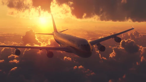 Sunlit jet brushes the cloudtops while evening sky burns gold