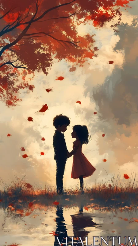 Two Silhouettes Share Moment Under Autumn Tree