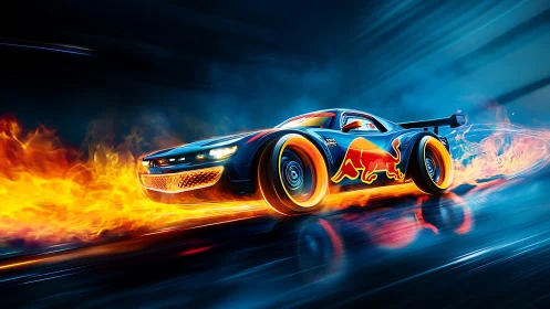 Racing car illustration displays motion with flame effects