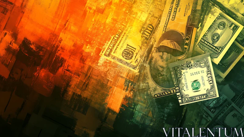 US dollar bills dissolve into abstract orange green field