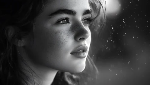 Young woman&rsquo;s freckled face lit in close black and white profile