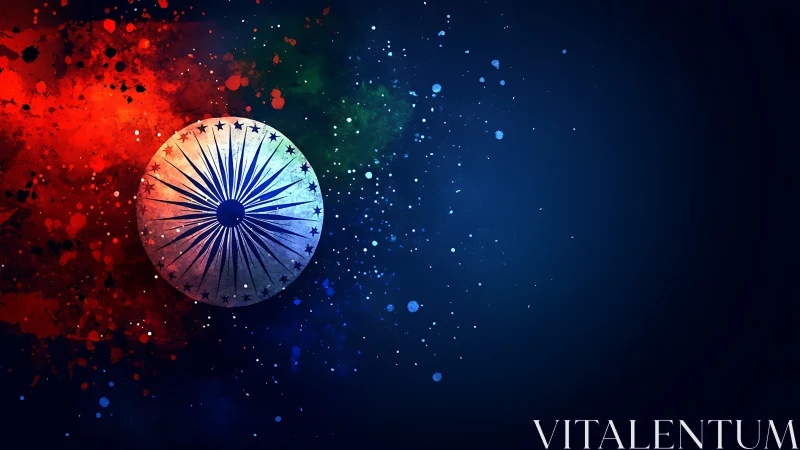 Radiant Ashoka Chakra glows within splashed tricolor space