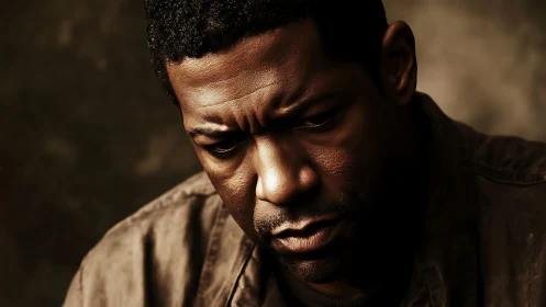 Introspective portrait under warm dramatic studio light.