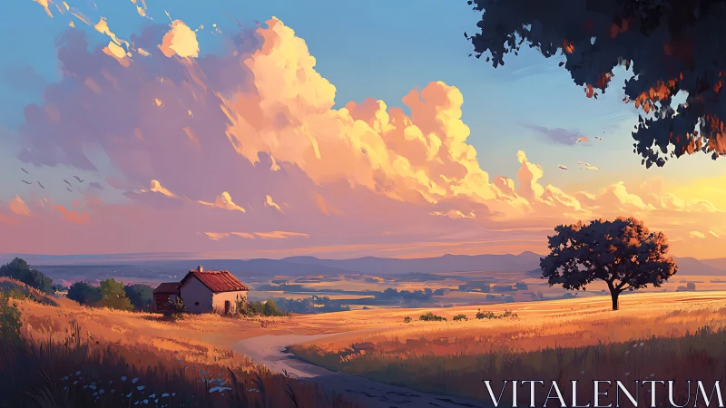 Rural landscape with farmhouse, lone tree and sunset sky.