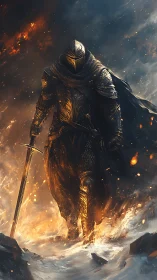 Flaming armored knight strides through storming battlefield.