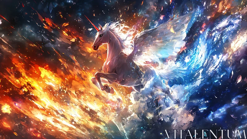 Winged unicorn charges through cosmic fire and starlight.