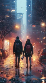 Urban Night Traverse: Solitary Figures Against Neon Cityscape.