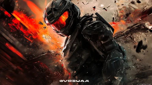 Ember-visored space trooper striding through orbital firestorm.