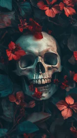 Bleached skull framed by crimson flowers in shadowed foliage.