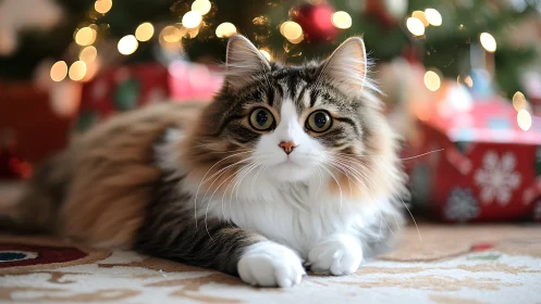 Fluffy Tabby and White Cat Among Holiday Decorations.